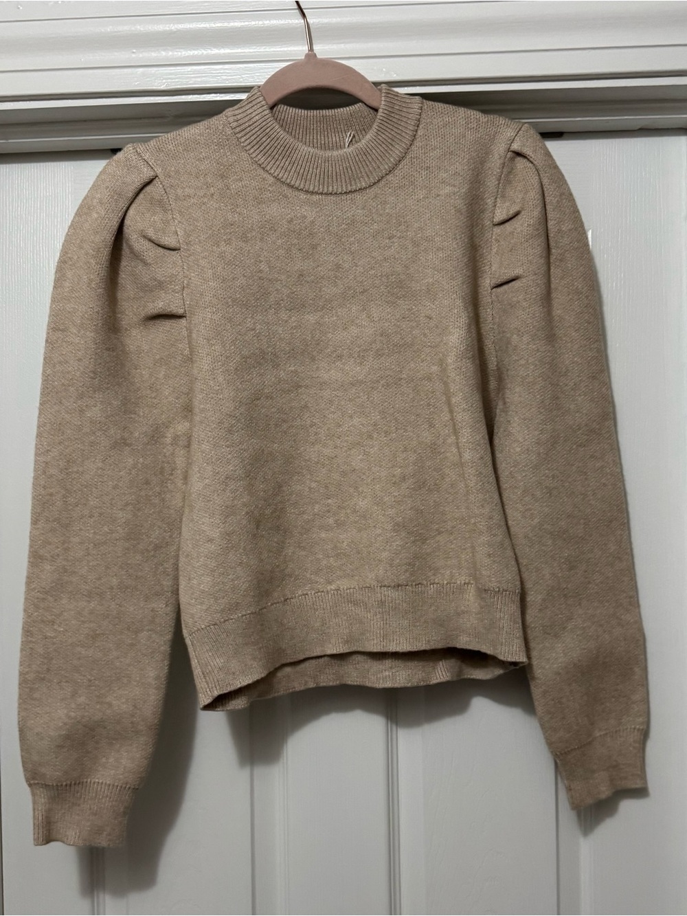 Sugarlips Beige Crewneck Sweater with Puff Sleeves